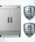 Heavy Duty Commercial Freezer Two Door Upright Reach In Stainless Steel NSF Certified 47 Cubic Feet with warranty details visible.
