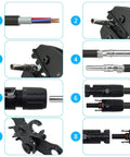 Solar Cable Crimping Tool Kit With 6 Pairs Solar Panel Connectors; detailed views of crimper, connectors, and spanner.
