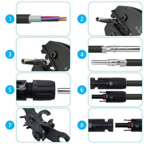 Solar Cable Crimping Tool Kit With 6 Pairs Solar Panel Connectors; detailed views of crimper, connectors, and spanner.