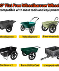 Image of carts equipped with 20 Inch Flat Free Wheelbarrow Wheels 2 Pack With Preinstalled Five Eighth Inch Bearings And Three Quarter Inch Adapters Replacement Cart Tires, suitable for garden and farm use.