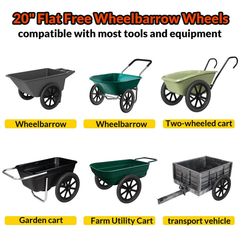 Image of carts equipped with 20 Inch Flat Free Wheelbarrow Wheels 2 Pack With Preinstalled Five Eighth Inch Bearings And Three Quarter Inch Adapters Replacement Cart Tires, suitable for garden and farm use.