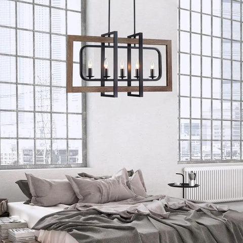 Farmhouse Chandelier Light Fixture With Five Lights In Antique Bronze Oaky Painted Finish Dope Rustic Metal Kitchen Island Pendant Lighting Rod Adjustable Ceiling Fixture For Dining Room And Living Space over a modern bedroom.
