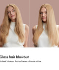 Before and after image of a woman showing glass hair blowout with sleek, shiny straight hair