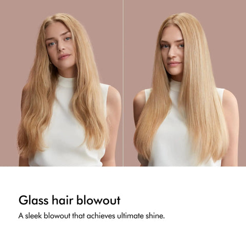 Before and after image of a woman showing glass hair blowout with sleek, shiny straight hair