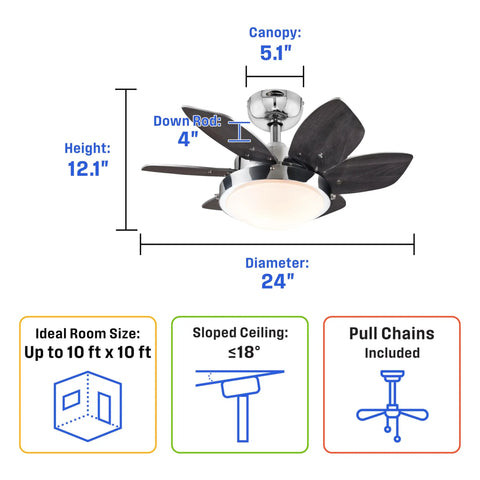 Dimensions and features of Quince 24 Inch Indoor LED Ceiling Fan with Light, Chrome Finish and Reversible Wengue Beech Blades