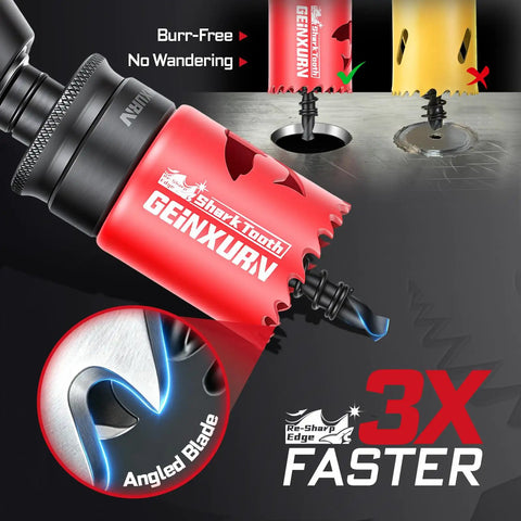 Half Inch HSS Bi Metal Hole Saw Kit With Shark Tooth Cutters For Wood Drywall PVC And Thin Metal Drilling Heavy Duty Tool displayed with sharp angled blade design.