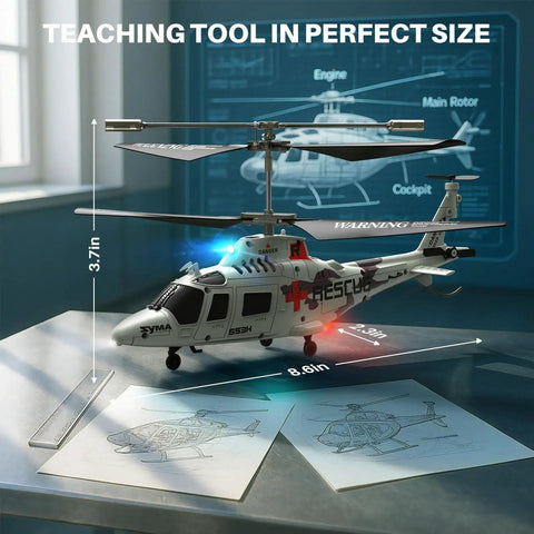 Rescue RC Helicopter for Beginners on display, lifelike remote control copter with realistic design and educational materials visible.