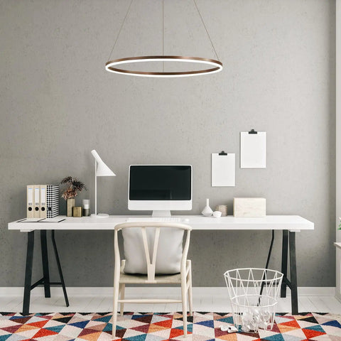 Modern Led Ring Chandelier With Dimmable Halo Pendant Light 31.5 Inch Circular Fixture hanging over minimalist desk