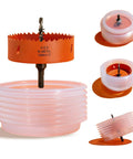 4-1/4 Inch Hole Saw Kit For Recessed Can Lights With Dust Bowl Catcher Bi-Metal Construction Includes Arbor Replacement Drill Bit Hex Key And Heavy-Duty Cutter For LED Recessed Lighting DIYers In Wood Metal Drywall showing components including orange bi-metal saw, dust bowl, and drill bit in different angles