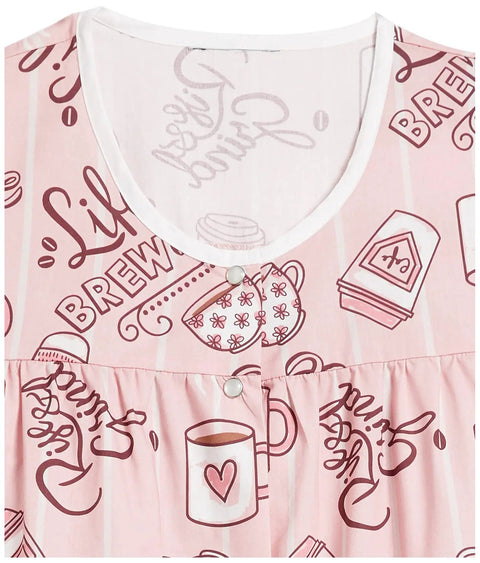Hassle Free Snap Front Cobbler Apron Vest With Dual Patch Pockets Top Shelf Easy Care Smock designed with playful coffee-themed print.