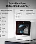 Countertop Dishwasher With Five Place Setting Capacity And Seven Washing Programs showing extra functions panel on a sleek design.