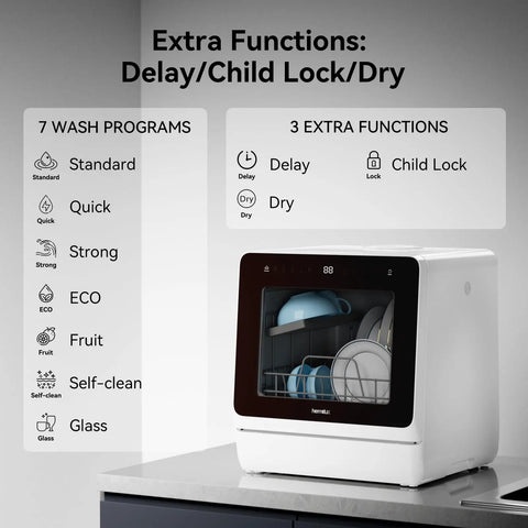 Countertop Dishwasher With Five Place Setting Capacity And Seven Washing Programs showing extra functions panel on a sleek design.