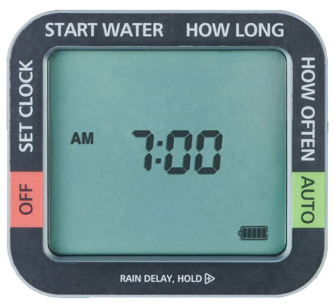 Display of Four Zone Digital Water Timer With Flexible Scheduling From Every Hour To Once A Week Manual Override No Fuss Setup