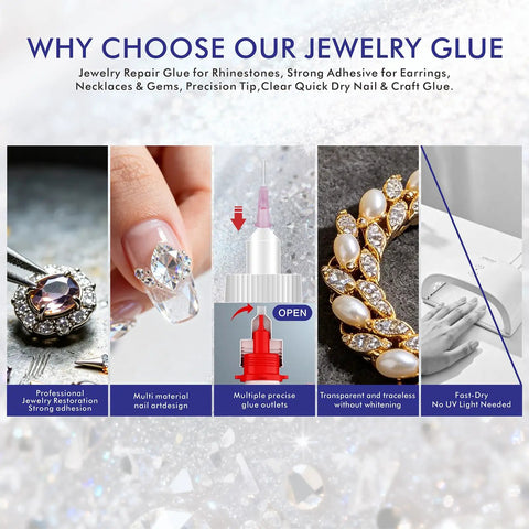 Strong Hold Jewelry Repair Glue With Ultra Fine Tip For Earrings And Necklaces Rhinestone And Gem Adhesive Quick Dry Clear Water Resistant No Mess For DIY Jewelry Fixes shown with application examples