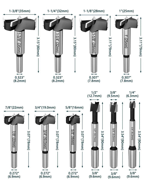 Beast Mode 10 Piece Forstner Bit Set For Woodworking With Triple Flute Carbide Tipped Bits And Round Shank Includes Ten Sizes