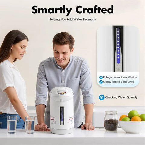 Heavy Duty Three Liter Hot Water Dispenser Serving Top Tier Auto And Manual Pouring Lines Clean Line Tabletop showing enlarged water level window.