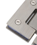 Close-up of Frameless Glass Shower Door Hinge Stainless Steel Dual Action 180 Degree For 8 To 12mm Glass, corner detail visible.