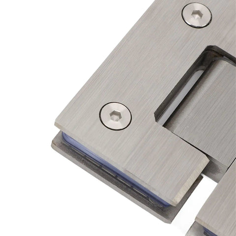 Close-up of Frameless Glass Shower Door Hinge Stainless Steel Dual Action 180 Degree For 8 To 12mm Glass, corner detail visible.