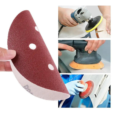 130 Piece Pro Grade 6 Inch Sanding Discs Set with 6 Hole Pattern in use with random orbital sander for smooth finishes.