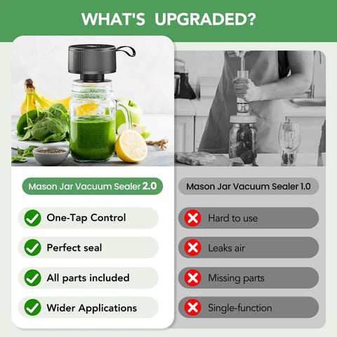 Comparison of Mason Jar Vacuum Sealer 2.0 with one-touch control and 3 In 1 Mason Jar Vacuum Sealer Kit with One Touch Auto Pump Seals