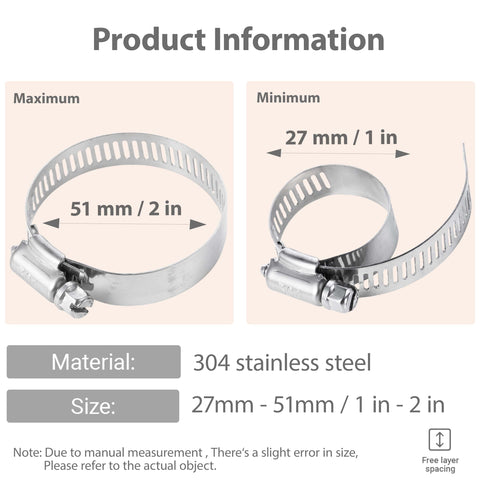 Two Inch Stainless Steel Worm Gear Hose Clamps Set, 304 Stainless, 10 Pack product details on size and material information.
