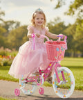 Girl riding a pink bicycle with 27 Piece Lil Pink Kids Bike Accessories Set For Girls Cute Flower Bell Handlebar Streamers Tassels