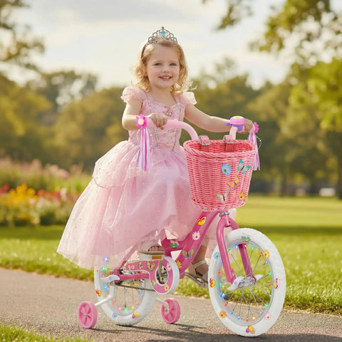 Girl riding a pink bicycle with 27 Piece Lil Pink Kids Bike Accessories Set For Girls Cute Flower Bell Handlebar Streamers Tassels