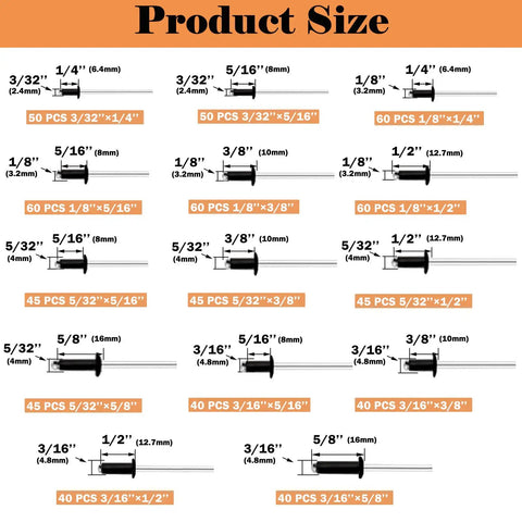 Heavy Duty Pop Rivet Gun Coupled With A Game Changing Assortment Kit, Featuring Rugged Black Rivets And Large Flange Fasteners For Serious Diy Repairs And Auto Shop Tweaks Stored In A Slick Portable Toolbox: Sizes of rivets and quantity details.