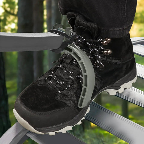 Climbing Tree Stand Accessories for Hunting, 1 Pair Stirrups with 22.8 Inch Elastic Rope, boot in gray stirrup on metal stand