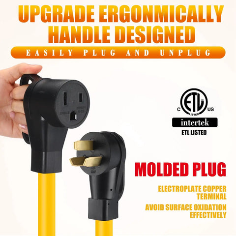 10 Foot 50 Amp Welder Adapter Cord From 10 50P Male To 6 50R Female showing ergonomic handle and ETL listing