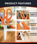 Heavy Duty Kitchen Shears All In One Multi Function Scissors Dishwasher Safe Poultry Shears Food Grade Stainless Steel Sharp Utility Scissors For Meat Fish Bones Veggies Noodles Pizza White, orange handle close-up