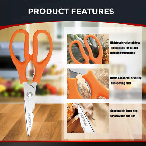 Heavy Duty Kitchen Shears All In One Multi Function Scissors Dishwasher Safe Poultry Shears Food Grade Stainless Steel Sharp Utility Scissors For Meat Fish Bones Veggies Noodles Pizza White, orange handle close-up
