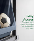 Six Pack Dark Gray Open Front Storage Totes With Oversized Handles Built Like A Tank Heavy Duty Stackable Plastic Bins Mega Capacity for easy access to sports gear.