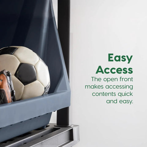Six Pack Dark Gray Open Front Storage Totes With Oversized Handles Built Like A Tank Heavy Duty Stackable Plastic Bins Mega Capacity for easy access to sports gear.