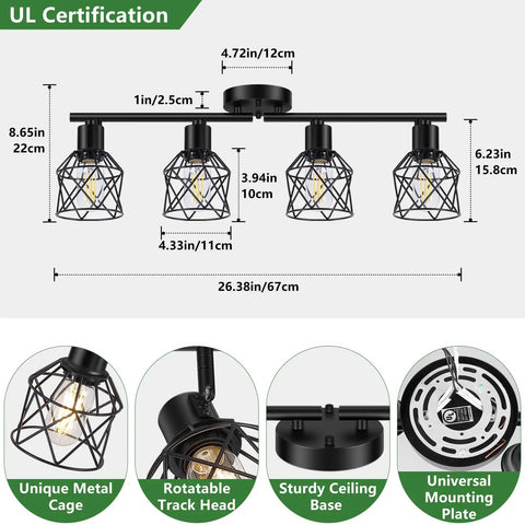 Diagram of Four Light Semi Flush Mount Ceiling Light with dope rotatable track heads and metal cage adjustable arm.