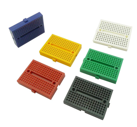 Six Piece 170 Tie Points Mini Breadboard Kit With 65 Jumper Wires For Arduino And Raspberry Pi Diy Projects Solderless Prototype Board Packed With Colorful ABS Board Color Options And Easy Plug In Setup showing red, green, yellow, blue, white, and black boards