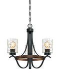 Three Light Indoor Chandelier With Textured Iron And Barnwood Finish, Hand Blown Clear Hammered Glass Shades, Vintage Rustic Vibe