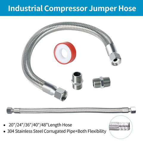 Badass Industrial Grade Stainless Steel Compressor Jumper Hose With Quarter Inch Npt Male Ends And Full Spin Swivel Fittings. 20" length.