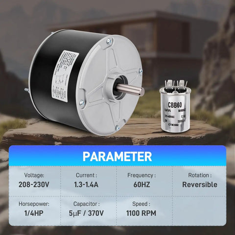 Condenser Fan Motor With Capacitor 208-230V 1/4HP 1100RPM 48 Frame on wooden table with specifications displayed.