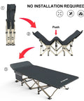 Heavy Duty Camping Cot For Adults No Fuss Setup Portable Folding Bed With Carry Bag Supports Up To 450 Lbs Spacious 75 X 27.5 Inch Sleeping Platform No Assembly, shown folded and unfolded, demonstrating setup
