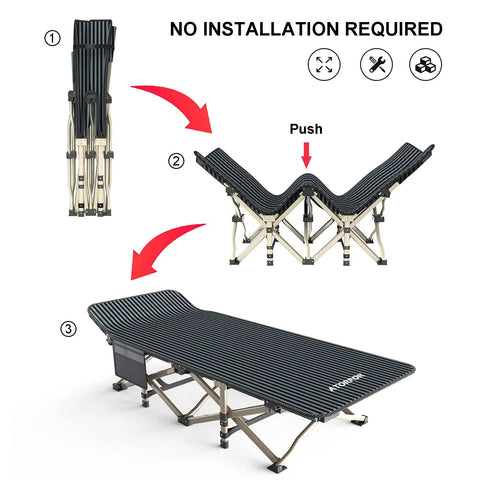 Heavy Duty Camping Cot For Adults No Fuss Setup Portable Folding Bed With Carry Bag Supports Up To 450 Lbs Spacious 75 X 27.5 Inch Sleeping Platform No Assembly, shown folded and unfolded, demonstrating setup