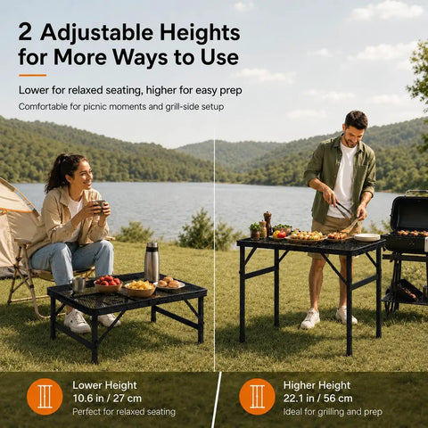 Folding Grill Table With Mesh Desktop For Camping And Outdoor Use, shown outdoors at two height settings, perfect for picnics.