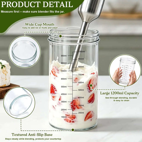 40 Oz Glass Blending Cup For Immersion Blenders With Dual Sealed Lids measuring jar with strawberries and yogurt, large capacity, wide mouth.
