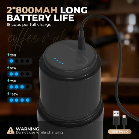 Portable All-In-One Coffee Maker With Built-In Battery And Grinder, close-up view with USB-C charging cable connected.