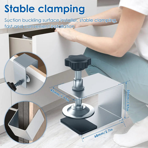 2 Pack Drawer Front Installation Clamps Zinc Drawer Fixing Clips Adjustable Heavy Duty Cabinet and Furniture Jig in use