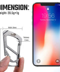 Stainless Steel 7 Tool Carabiner Clip Multitool dimensions next to smartphone showcasing size comparison and features.