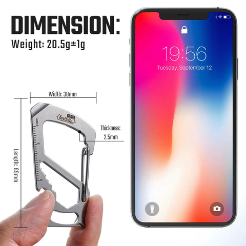 Stainless Steel 7 Tool Carabiner Clip Multitool dimensions next to smartphone showcasing size comparison and features.