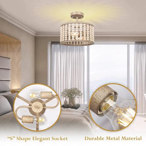 Boho Farmhouse 2 Light Wood Beaded Semi Flush Mount Ceiling Light in Deep Oak Rustic Chandelier in cozy bedroom setting