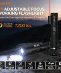 Go To 1200 Lumen Dual Beam LED Flashlight With White And Red Light, Zoomable, USB C Quick Charge, shown on rocky surface.
