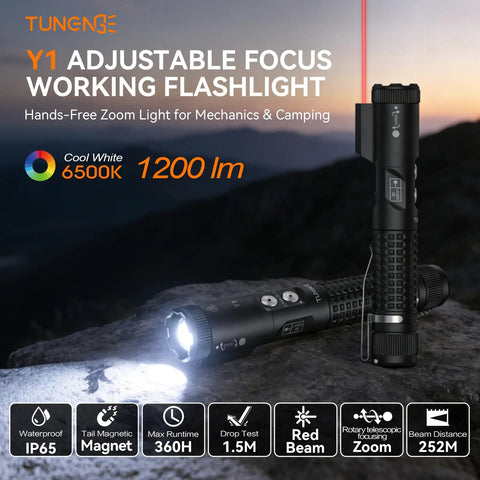 Go To 1200 Lumen Dual Beam LED Flashlight With White And Red Light, Zoomable, USB C Quick Charge, shown on rocky surface.